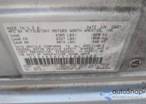 2007 Mitsubishi Galant Es z USA, uszkodzony, nr VIN 4A3AB56F57E082986